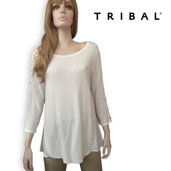 Tribal Sweater Pullover Top Grommets Hi Low Rounded Hemline Cotton Viscose Rayon - Picture 11 of 13